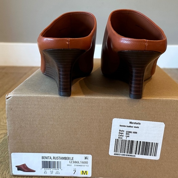 Vince Leather Benita Square Toe Slip On Clog Wedge Heel Pumps (Rust Amber) - Picture 15 of 16